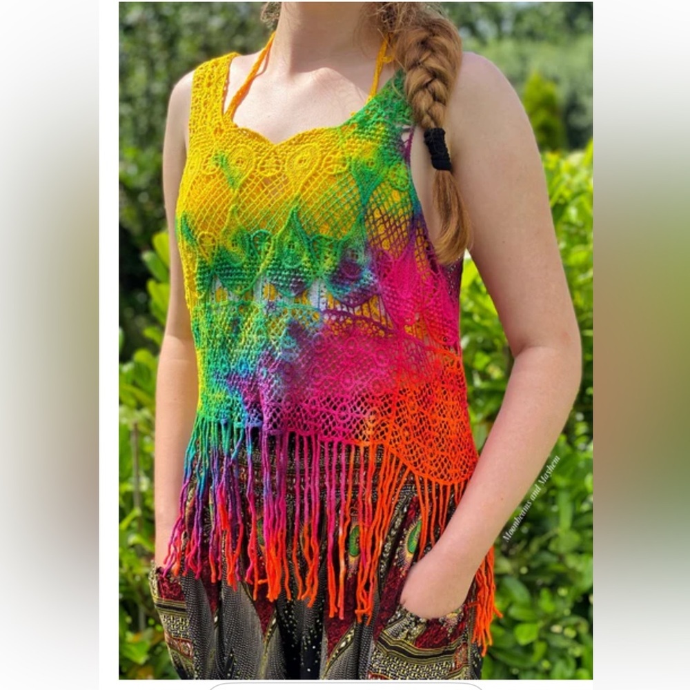 Colorful Crochet Fringe Top M-L